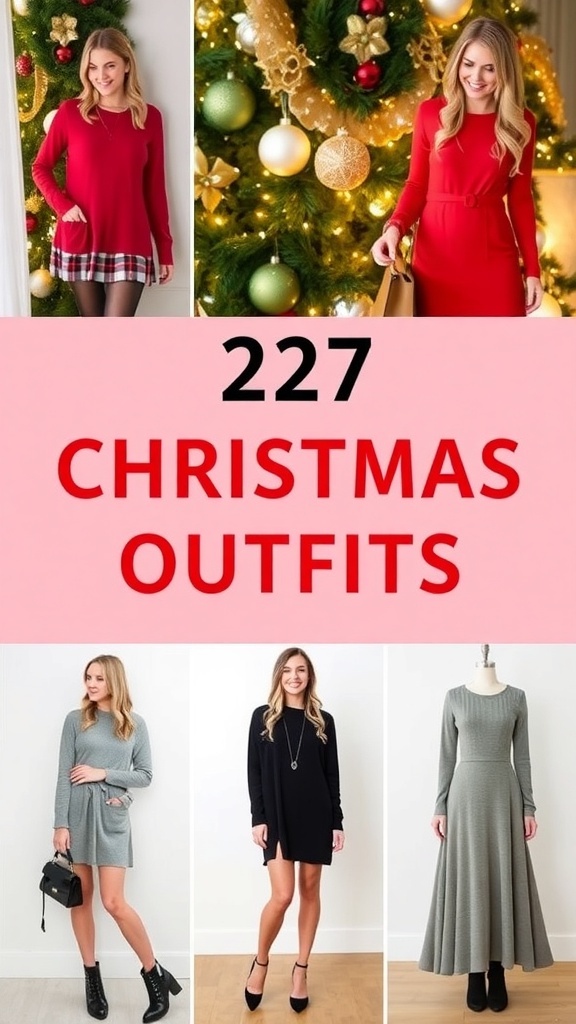 A collection of fashionable Christmas outfits for women, showcasing various styles and accessories in a festive setting.